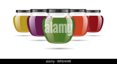 Realistische transparente Glas Glas mit Marmelade, Konfitüre oder Soße. Erhaltung der Verpackung. Label und Logo für Marmelade. Mock up Dose mit Design Label oder Stock Vektor