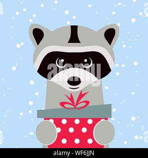 Weihnachtskarte. Portrait von waschbär mit Geschenkbox, Schneeflocke. Lustige cartoon Gesicht eines Waschbären. Vector Illustration, glückliches Neues Jahr 2019. Stock Vektor