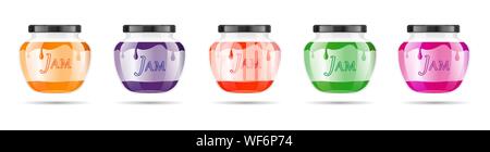 Realistische transparente Glas Glas mit Marmelade, Konfitüre oder Soße. Erhaltung der Verpackung. Label und Logo für Marmelade. Mock up Dose mit Design Label oder Stock Vektor