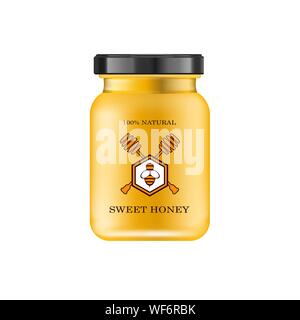 Realistisches Glas Glas mit Honig. "Food Bank". Honig packaging design. Honig-Logo. Mock up Glas Glas mit Design Label oder Abzeichen. Vektorgrafiken. Stock Vektor