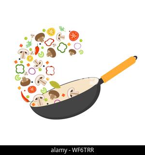 Wok-pfanne, Tomaten, Paprika, Pfeffer, Shiitake Pilze und Karotten. Asiatische Küche. Frisches Gemüse zu fliegen. Flache Vector Illustration. Stock Vektor