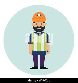 Arbeiten Mann in Helm und reflektierende Weste. Vektor flache Design Illustration Stock Vektor