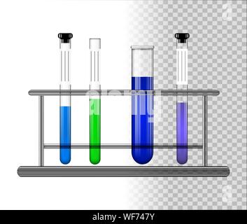 Röhrchen mit Flüssigkeit auf einem Standfuß aus Glas. Transparente Glaskolben mit Kappe. Vector Illustration. Stock Vektor