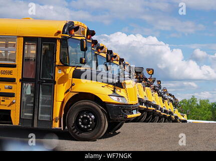 Middletown, CT/USA - Juni 6, 2019: Reihe der gelben Schulbusse auf einem Parkplatz Stockfoto