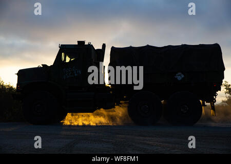 Ein medium Tactical vehicle Austausch Laufwerke auf Marine Corps Base Camp Pendleton, August 29. TIGERCOMP ist ein jährlicher Wettbewerb zwingen, dass die Marine Corps' Die meisten tödlichen tank Crew bestimmt. (U.S. Marine Foto von Sgt. Tayler S. Schwamb) Stockfoto