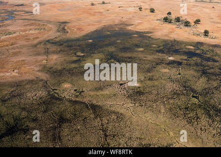 Antenne von bunten Okavango Delta Sumpf- und Savanne Landschaft mit grünen Vegetation, Wasser und trockenen Ebenen Stockfoto