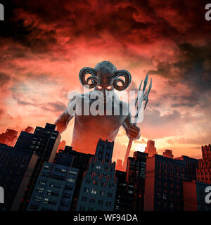 Daemon und der Stadt-/3D-Darstellung der gehörnten Teufel mit Dreizack steigen über städtischen Gebäude in der Dämmerung Stockfoto