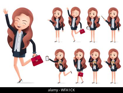 Happy business Charakter weiblich Vektor einrichten. Business woman professionellen Charakter glücklich stehend, Ausführen und präsentieren in verschiedenen Geste und Pose. Stock Vektor