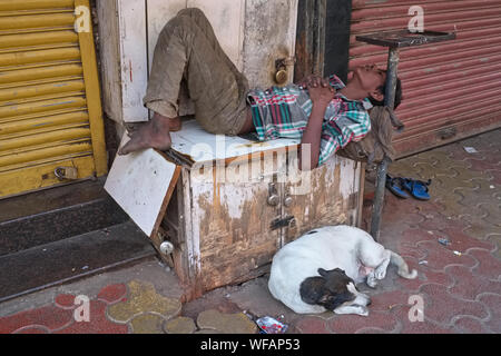 Ein Mann schläft auf einem kleinen hölzernen Verkäufe auf einem Bürgersteig in Mumbai, Indien ausgeht, sein Hund schlafen neben ihn auf den Boden Stockfoto