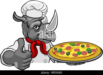 Rhino Pizza Chef Cartoon Restaurant Maskottchen Zeichen Stock Vektor