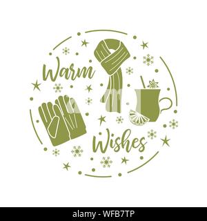 Frohes neues Jahr 2020 Frohe Weihnachten Vector Illustration. Schal, Schneeflocken, Glühwein, Handschuhe, warme wünsche Inschrift. Design für die Verpackung, Stock Vektor