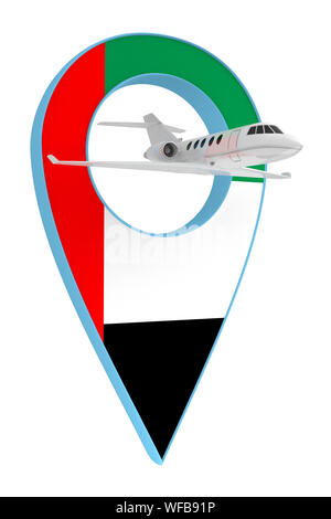 Eigenes Flugzeug mit Pin navigation Flagge VEREINIGTE ARABISCHE EMIRATE. 3D-Rendering Stockfoto