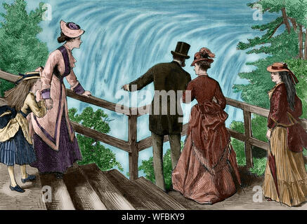 Nordamerika in den Vereinigten Staaten. Die Besucher der Niagara Falls, von der US-Seite. Eine Familie, in der Sommersaison, die Betrachtung der Wirbelwind der amerikanischen Wasserfall (New York), auf Goat Island. Gravur. La Ilustracion Española y Americana, 8. Juni 1876. Später Färbung. Stockfoto