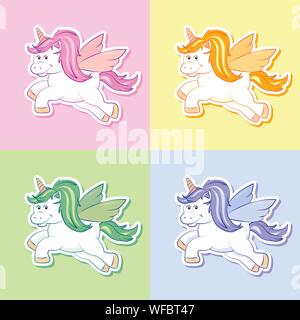 Eine Reihe von Einhorn Sticker in 4 verschiedenen Farben. Rosa, gelb, grün und lila Variationen mit Schlagschatten, pastellfarbenen Hintergründe isoliert. EPS 10. Stock Vektor