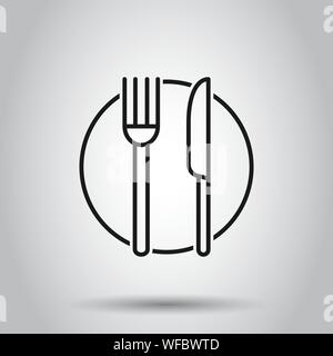 Gabel, Messer und Teller Symbol im flachen Stil. Restaurant Vector Illustration auf isolierte Hintergrund. Abendessen Geschäftskonzept. Stock Vektor