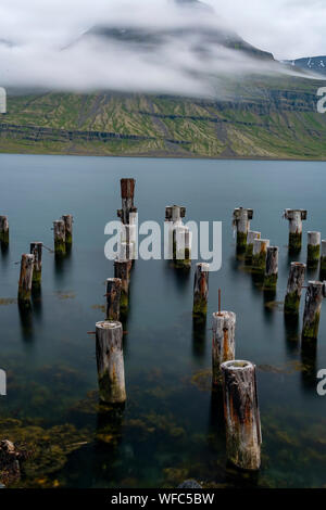 Reydarfjordur Hafen mit glatten Wasser und Beiträge im Wasser an einem sonnigen Sommertag im Osten von Island Stockfoto