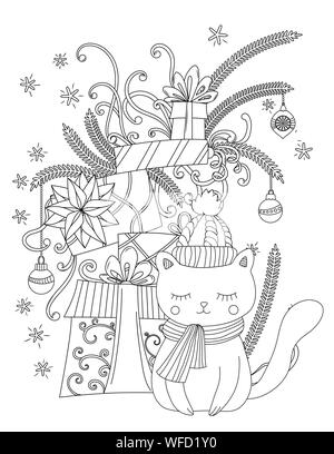 Weihnachten Malseite für Kinder und Erwachsene. Süße Katze mit Schal und Mütze gestrickt. Stapel von Urlaub präsentiert. Hand Vector Illustration gezeichnet. Stock Vektor