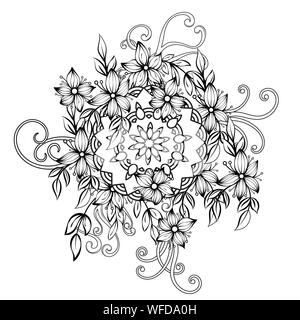 Florales Muster in Schwarz und Weiß. Nach Malbuch Seite mit Blumen und Mandalas. Kunsttherapie, Anti stress-Färbung. Hand Vector Illustration gezeichnet Stock Vektor
