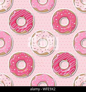 Rosa Donuts, für Valentinstag eingerichtet, über eine pink Polka Dot nahtlose Hintergrund. EPS 10 Vektor Format Stock Vektor