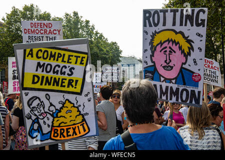 London UK 31 - August 2019 Tausende von Menschen zusammengekommen gegenüber Downing Street gegen die geplante Abschaltung des Parlaments durch britische Ministerpräsident Boris Johnson.Organized durch Anti-Brexit Gruppe Ein anderes Europa ist möglich, zusammen mit den anderen politischen Fraktionen, der Stop der Putsch, verteidigen die Demokratie bei Demonstrationen gegen was es bezieht sich auf wie Boris Johnson's "Brexit Agenda". Paul Quezada-Neiman/Alamy Leben Nachrichten zu protestieren Stockfoto