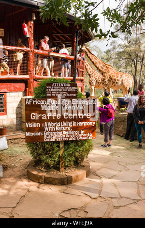 Touristen an der Giraffe Center mit Rothschild Giraffen auf der Aussichtsplattform, Nairobi, Kenia Stockfoto