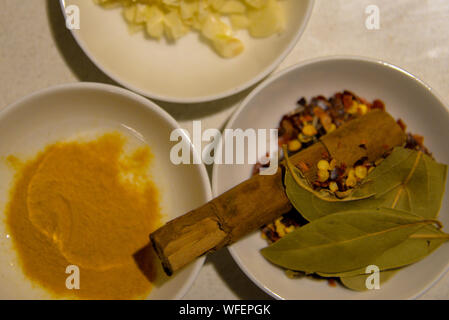 Kochen Gewürze der Gelbwurz, Chill, Zimt, Lorbeer, Knoblauch in Schalen Stockfoto