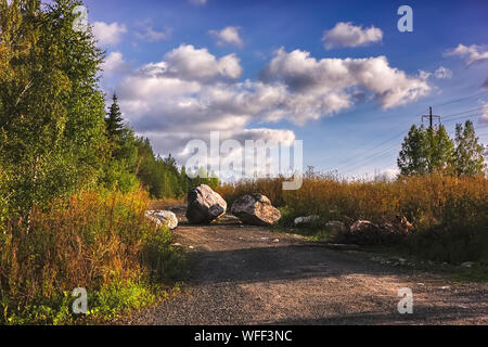 Stein Steine blockieren die Forststraße Sommer Landschaft. Auf einem waldweg ist ein großer Felsen, versperrt den Weg. Stockfoto