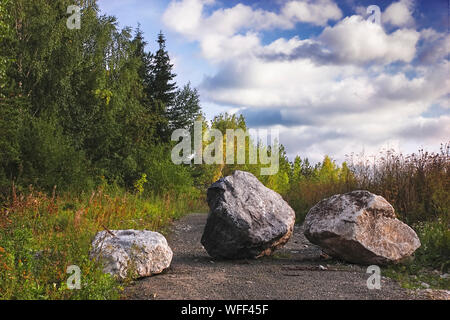 Stein Steine blockieren die Forststraße Sommer Landschaft. Auf einem waldweg ist ein großer Felsen, versperrt den Weg. Stockfoto