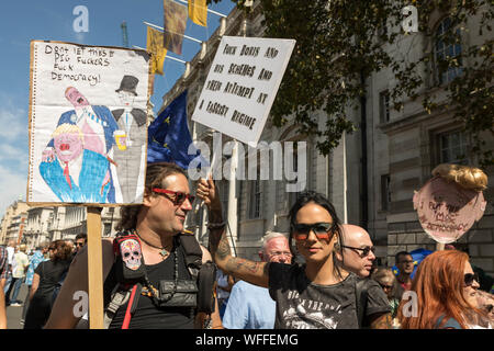 Westminster, London, Großbritannien. 31 Aug, 2019. Protest in Whitehall Brexit zu stoppen. Der Premierminister hat die Vertagung des Parlaments bedroht, so dass er seine Brexit agenda liefern kann. Viele sehen dies als Untergrabung der Demokratie. Penelope Barritt/Alamy leben Nachrichten Stockfoto