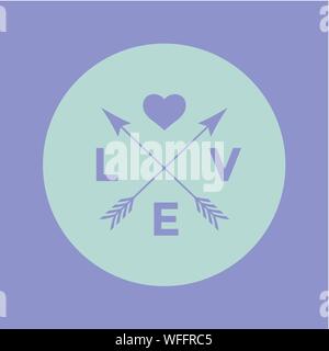 Logo Badge für kreatives Design Projekt. Hipster Emblem mit Pfeil, Herzen und das Wort Liebe auf einem türkis violett unterlegt. Vector Illustration. Stock Vektor
