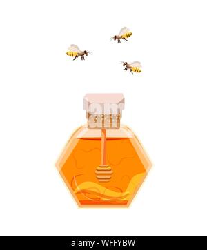 Biene, Honig, Holz- Honig Pendelarm, Glas voll mit Honig. Organische und natürliche Produkt. Organic Food Design Konzept. Stock Vektor