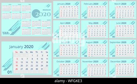 Vorlage Kalender für das Jahr 2020 Jahr auf mint Farbe Hintergrund. Woche beginnt Sonntag. Sonntag ist rot markiert. Stock Vektor