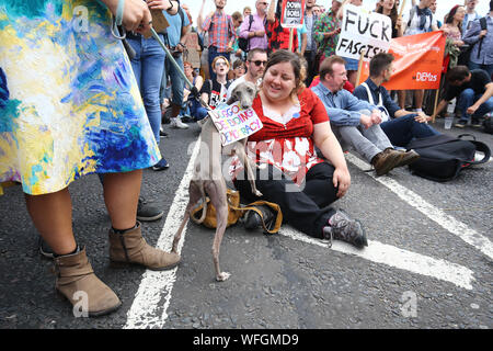 Organisator Michael Chessum Adressierung Demonstranten, die sich an der 'Lasst uns 'Tag der Aktion, durch Ein anderes Europa ist möglich Kampagne Gruppe in Parliament Square in Central London, gegen Premierminister Boris Johnson die Entscheidung des Parlaments für bis zu fünf Wochen auszusetzen, vor der Queen's Speech am 14. Oktober unter Beweis zu stellen. Stockfoto