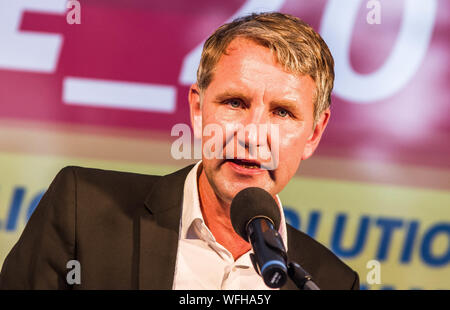 Koenigs Wusterhausen, Brandenburg, Deutschland. 30 Aug, 2019. BJOERN HOECKE (BjÃ¶rn HÃ¶cke) der Alternative für Deutschland Thüringen Rallyesport in Koenigs Wusterhausen für den angeschlagenen Andreas Kalbitz, die vor kurzem wieder mit konkreten Neonazi Verbindungen geoutet wurde. Mit dem Ziel, stärkste Partei im östlichen Brandenburg, Deutschland, werden die AfD eine Wahlparty (Wahl Partei) in Koenigs Wusterhausen statt. Anwesend waren Persönlichkeiten wie Andreas Kalbitz, die vor kurzem mit Verbindungen zu rechtsextremen Kreisen geoutet war, Björn Hoecke, der in die Kritik geratene grounder der AfD in Thueringen und Cr Stockfoto