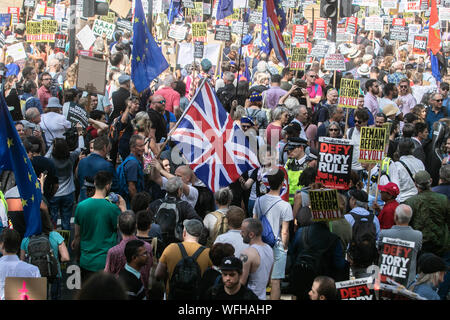 London, Großbritannien. 31. August 2019. Tausende von Pro bleiben Unterstützer und Aktivisten märz hinunter Whitehall gegen die Entscheidung der Regierung das Parlament vom 9. September bis 14. Oktober Aussetzen von Premierminister Boris Johnson Credit zu demonstrieren: Amer ghazzal/Alamy leben Nachrichten Stockfoto