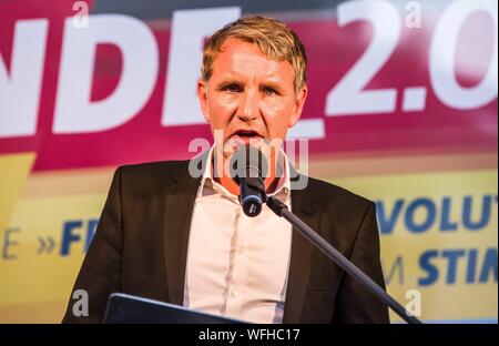 Koenigs Wusterhausen, Brandenburg, Deutschland. 30 Aug, 2019. BJOERN HOECKE (BjÃ¶rn HÃ¶cke) der Alternative für Deutschland Thüringen Rallyesport in Koenigs Wusterhausen für den angeschlagenen Andreas Kalbitz, die vor kurzem wieder mit konkreten Neonazi Verbindungen geoutet wurde. Mit dem Ziel, stärkste Partei im östlichen Brandenburg, Deutschland, werden die AfD eine Wahlparty (Wahl Partei) in Koenigs Wusterhausen statt. Anwesend waren Persönlichkeiten wie Andreas Kalbitz, die vor kurzem mit Verbindungen zu rechtsextremen Kreisen geoutet war, Björn Hoecke, der in die Kritik geratene grounder der AfD in Thueringen und Cr Stockfoto