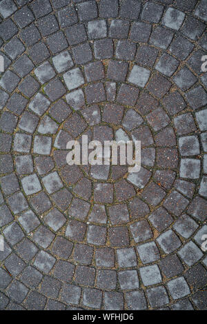 Kreisförmige Struktur der quadratischen Stein namens Sanpietrini oder Sampietrini. Urban Kopfstein Pflaster legte der Kreise Stockfoto