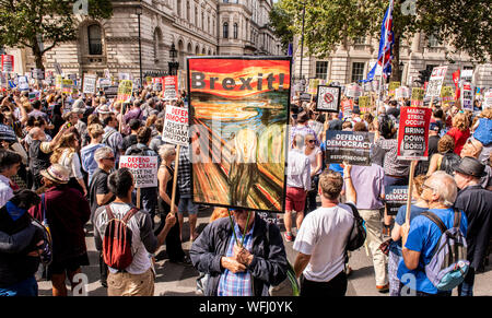 Tausende von Demonstranten auf der Oberseite der Putsch, Protest verteidigen die Demokratie "außerhalb der Downing Street, London, UK, 31. August 2019 Stockfoto