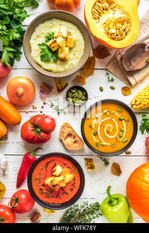 Herbst Suppen. Satz verschiedene saisonale Gemüse creme Suppen und organische Bestandteile auf weißem Hintergrund, Ansicht von oben. Hausgemachte bunte Suppen. Stockfoto