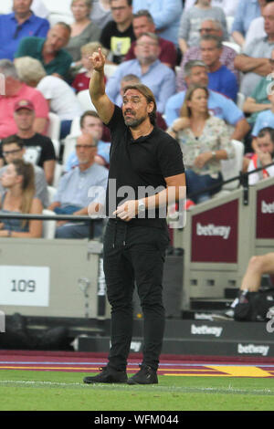 London, Großbritannien. 31 Aug, 2019. Norwich City managerÊDaniel Farke während der Premier League Match zwischen West Ham United und Norwich City in London Stadion am 31. August 2019 in London, England. (Foto von Mick Kearns/phcimages.com) Credit: PHC Images/Alamy leben Nachrichten Stockfoto
