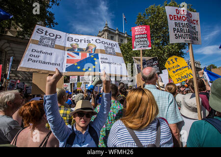 London, Großbritannien. 31. August 2019. Blockieren die Straßen von Whitehall. Tausende marschierten und blockiert die Londoner Straßen in einem Protest, die Demokratie zu verteidigen und gegen die Vertagung des Parlaments. David Rowe/Alamy Leben Nachrichten. Stockfoto