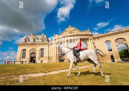 Frankreich, Oise, Chantilly, Chateau de Chantilly, der Grandes Ecuries (große Stallungen), Clara rider von Grandes Ecuries, führt sein Pferd an den Spanischen Schritt vor der Grandes Ecuries (große Stallungen) Stockfoto