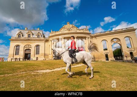 Frankreich, Oise, Chantilly, Chateau de Chantilly, der Grandes Ecuries (große Stallungen), Clara rider von Grandes Ecuries, führt sein Pferd an den Spanischen Schritt vor der Grandes Ecuries (große Stallungen) Stockfoto