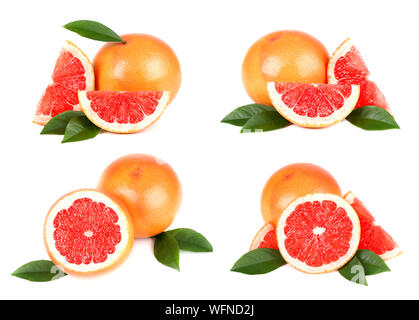 Sammlung von Grapefruit auf weißem Hintergrund. Satz von Grapefruit Obst mit cut und grüne Blätter auf weißem Hintergrund Stockfoto