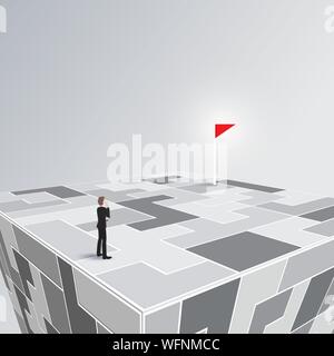 Unternehmer denken, Weg, Ziel, Ziel, in Puzzle Welt. Vector Illustration Konzept der Erfolg, Problemlösung, Verwirrung, Lösung, Herausforderung. Stock Vektor
