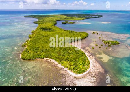 Frankreich, Karibik, Kleine Antillen, Guadeloupe, Grand Cul-de-Sac Marin, das Herz der Guadeloupe Nationalpark, Basse-Terre, Luftaufnahme des Fajou Inselchen und das längste Korallenriff (25 km) der Kleinen Antillen, Biosphärenreservat der Archipel Guadeloupe Stockfoto