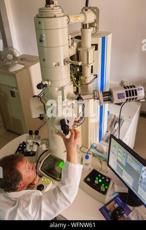 Frankreich, Eure, Grand Bourgtheroulde, ökologischen Labor, Analyst bei der Positionierung eines Probenhalters in einem analytischen Transmissionselektronenmikroskop (Atem) Stockfoto