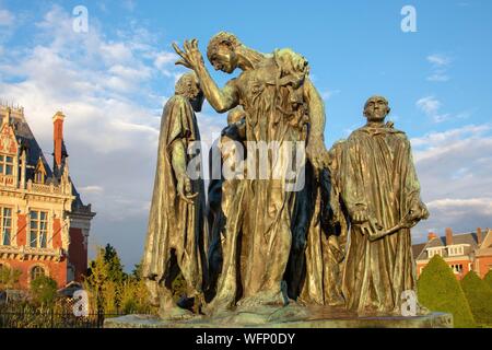 Denkmal für die Bürger von Calais, Bronzestatuen von Auguste Rodin, Calais, Pas-De-Calais, Frankreich Stockfoto