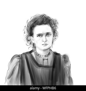 Karikatur von Marie Curie theoretische Physiker und Chemiker Wissenschaftler Portrait Zeichnung Abbildung Stockfoto