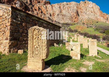 Armenien, Kotayk region, Umgebung von Kraljevo, Amaghou Tal, Kloster Noravank, khatchkars (geschnitzt Memorial Stelen) Stockfoto